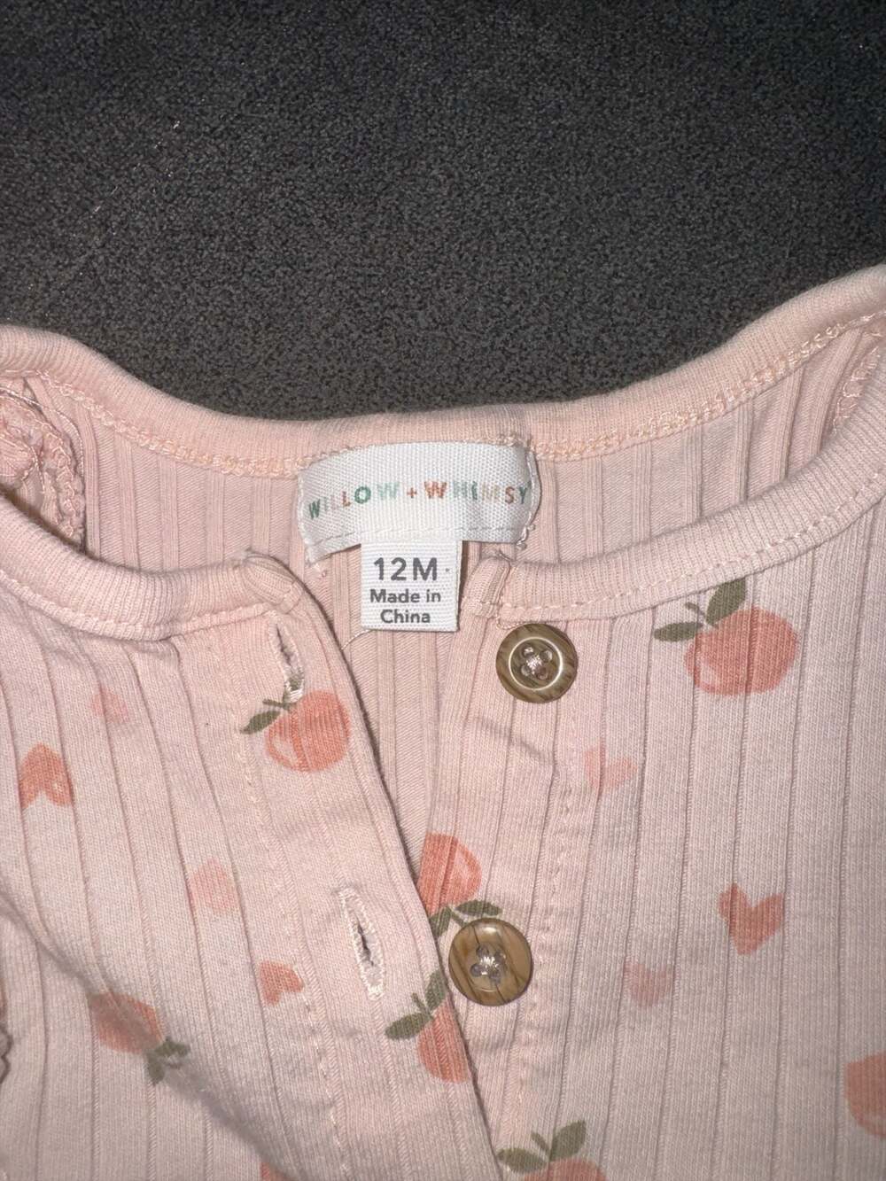 Willow + Whimsy Baby Girl Ribbed Peach and Heart Print Ruffle Romper - Picture 4 of 4